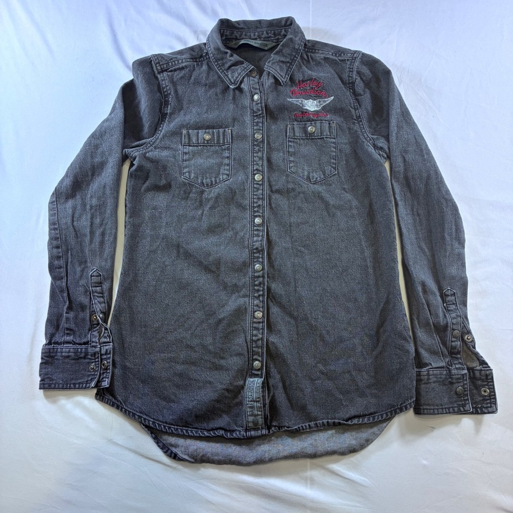 Harley-Davidson Womens XS Faded Black Denim Button Down Shirt Embroidered Logo